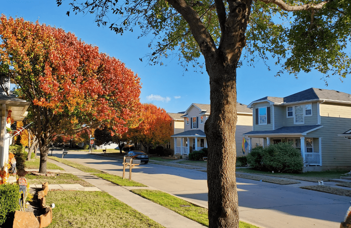 Neighborhood view of multiple housing lines next to each other.