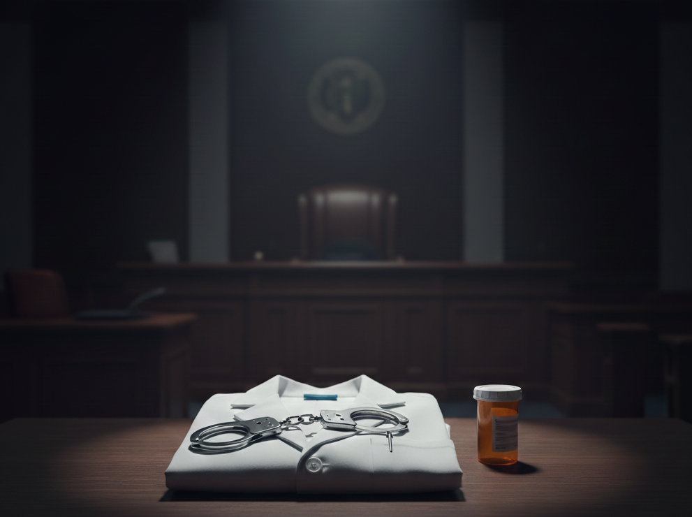 A white lab coat with handcuffs.